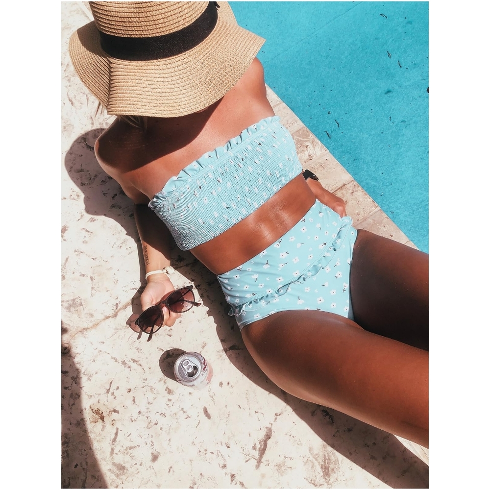 High-Waist Bandeau Bikini Set in Light Blue Floral